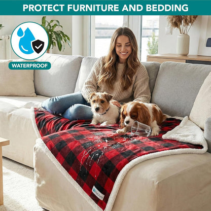 Waterproof Dog Blanket for Medium Large XL Dog Puppy Cat Throw for Couch Cover Leakproof Protection, Sherpa Fleece, Reversible Soft Washable 80X60 Checker Plaid Red