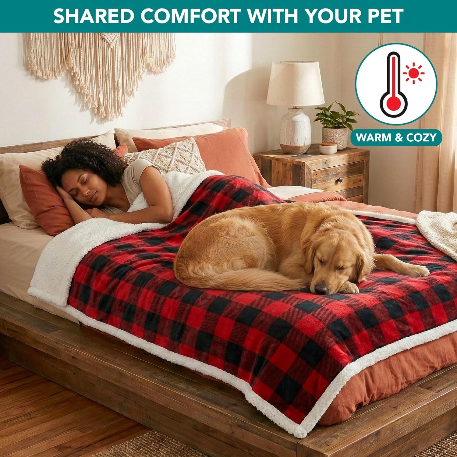 Waterproof Dog Blanket for Medium Large XL Dog Puppy Cat Throw for Couch Cover Leakproof Protection, Sherpa Fleece, Reversible Soft Washable 80X60 Checker Plaid Red