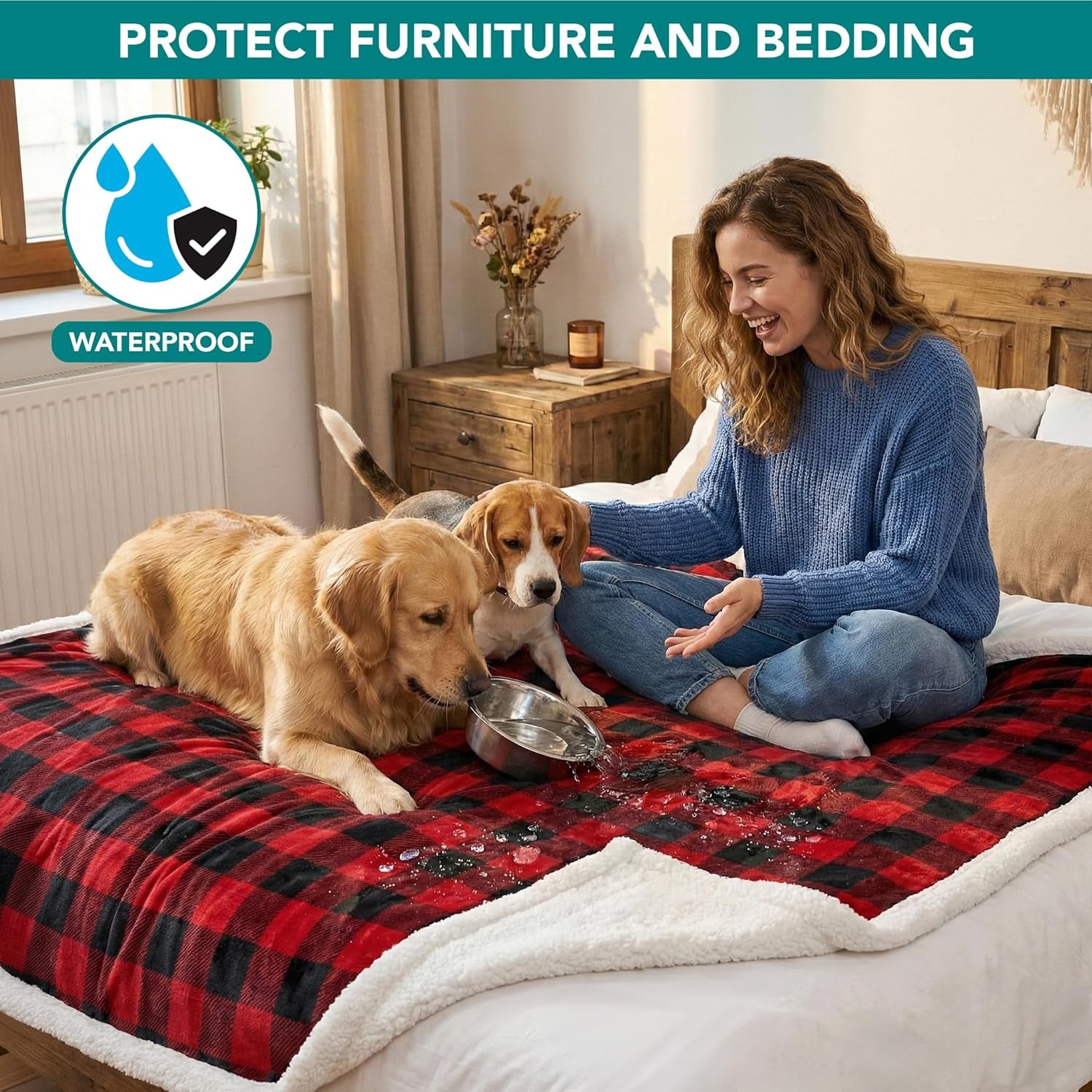 Waterproof Dog Blanket for Medium Large XL Dog Puppy Cat Throw for Couch Cover Leakproof Protection, Sherpa Fleece, Reversible Soft Washable 80X60 Checker Plaid Red